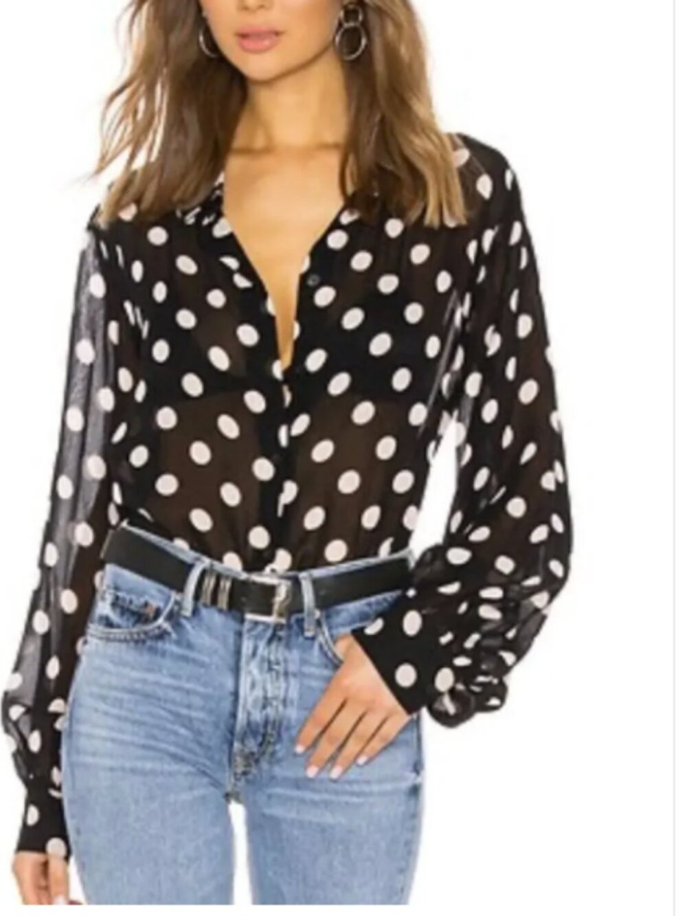 Sanctuary Sheer Black & Ecru Polka Dot Long Sleeve Blouse - XL - Balloon Sleeves